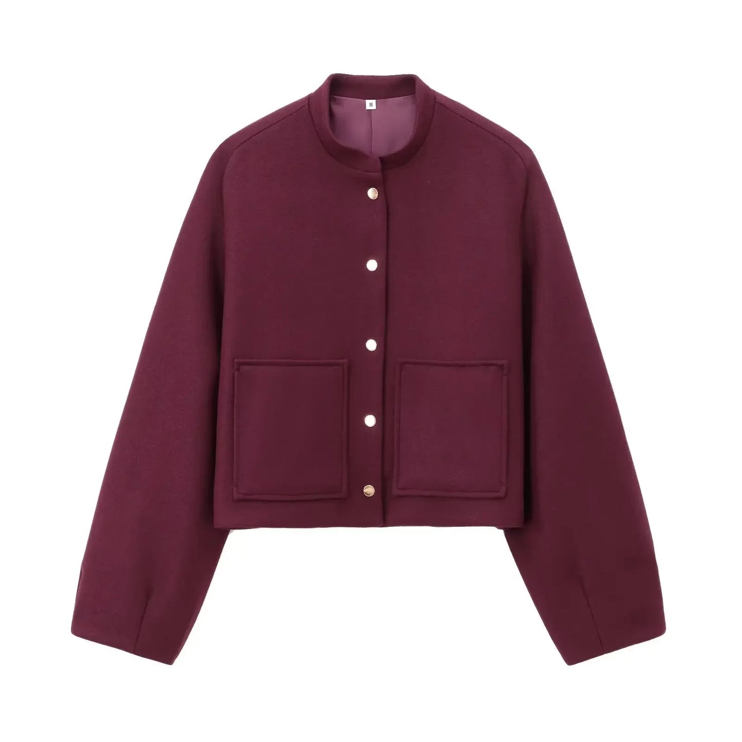 Women's new Fashion Pocket decoration short stand collar woolen jacket coat retro long sleeved button up women's coat chic top
