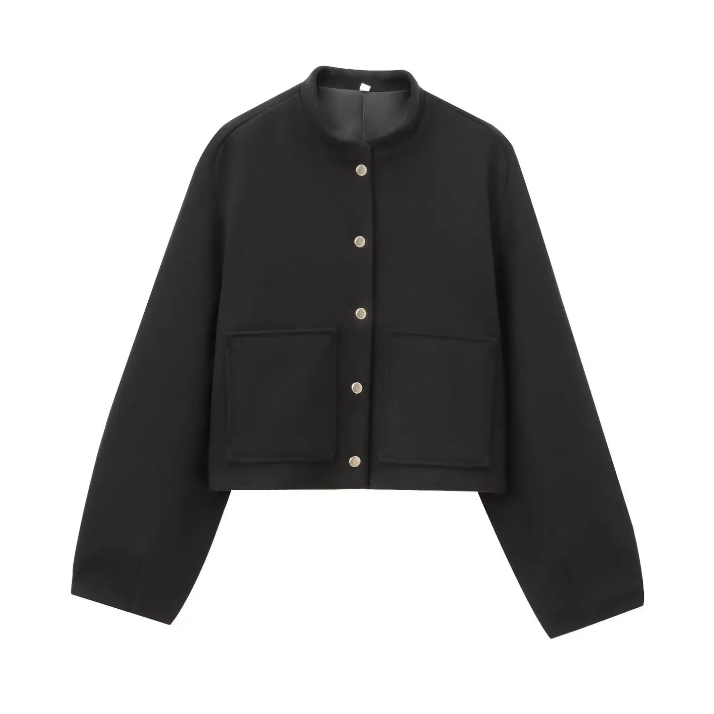 Women's new Fashion Pocket decoration short stand collar woolen jacket coat retro long sleeved button up women's coat chic top