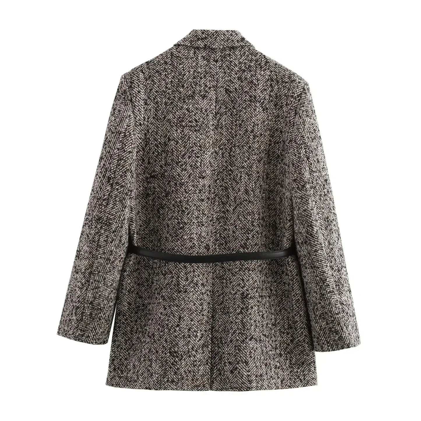 Ladies' new fashion with Belt flap pocket decoration loose striped suit coat retro long sleeved button up women's coat chic top