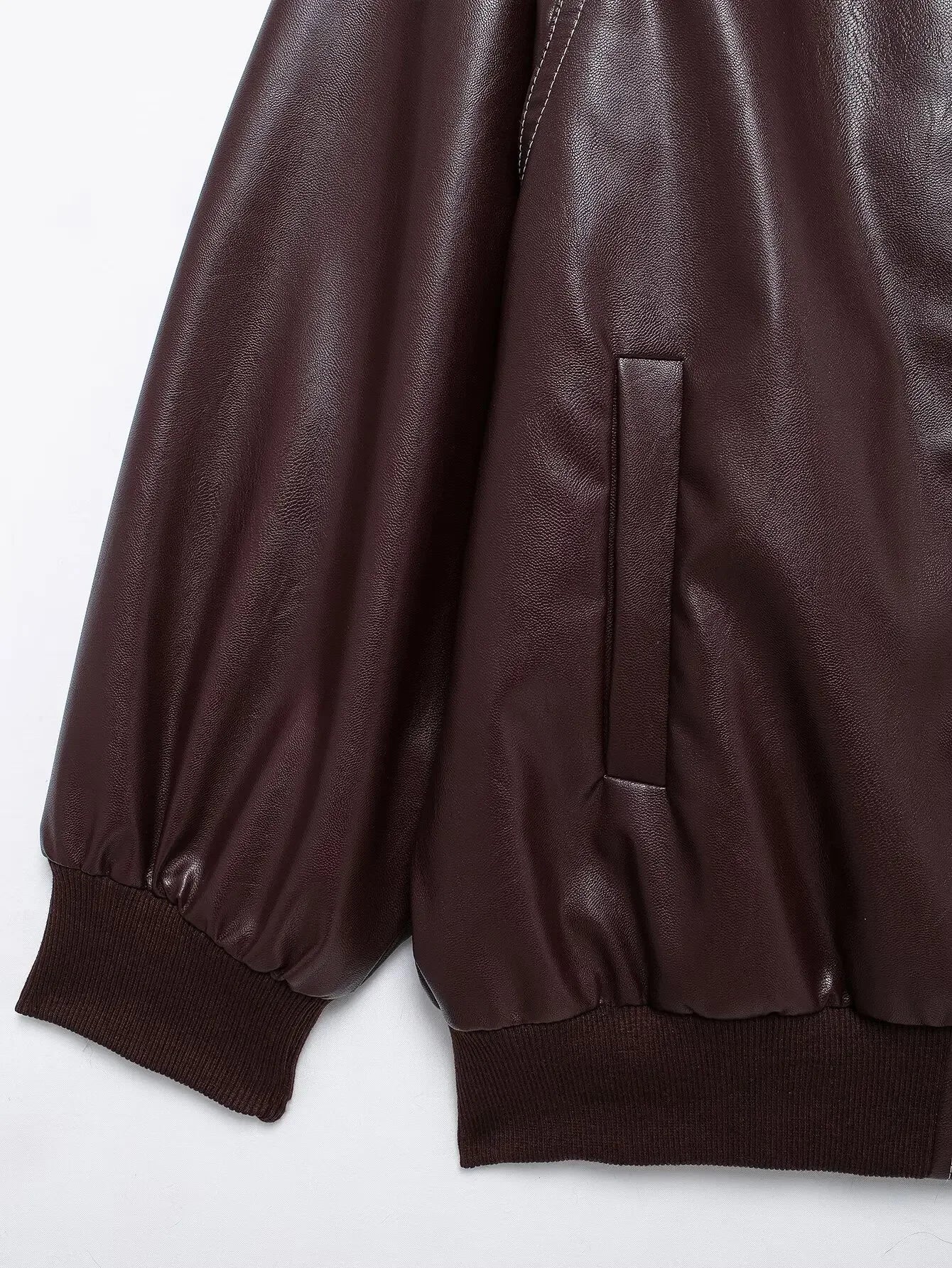 Women's new Fashion loose side pocket casual imitation leather jacket coat retro lapel long sleeved women's coat chic top