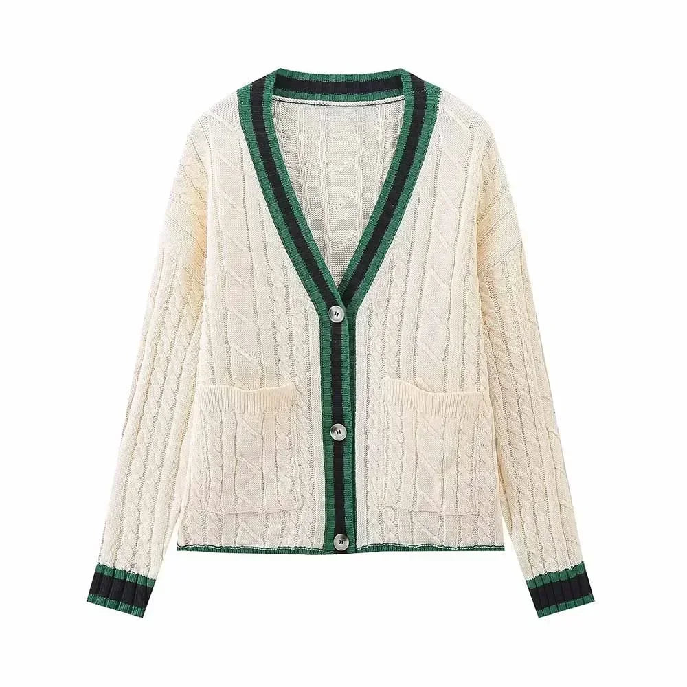 Women's new fashion loose single breasted V Neck contrasting striped knitted coat retro long sleeved pocket Female coat chic top