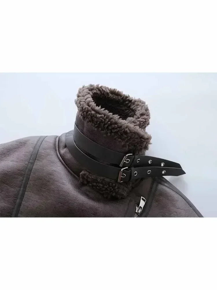 Women's new fashion belt decoration casual heavy industry Fur Faux Leather jacket retro long sleeved zipper Female Coat chic top