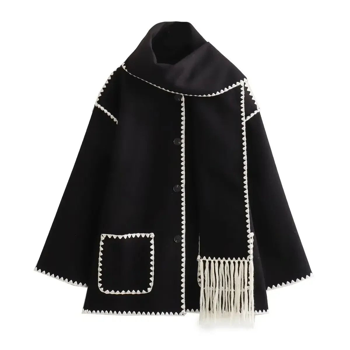 Women's new fashion scarf decoration loose single breasted patchwork woolen coat retro long sleeved pocket women's coat Chic top