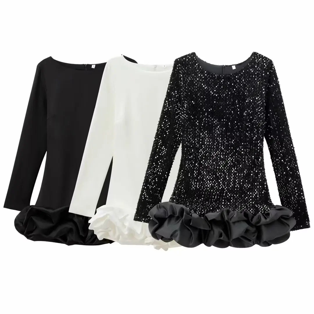 Women's new fashion layered hem design slim versatile sequin mini dress retro O-Neck long sleeved women's dress Mujer