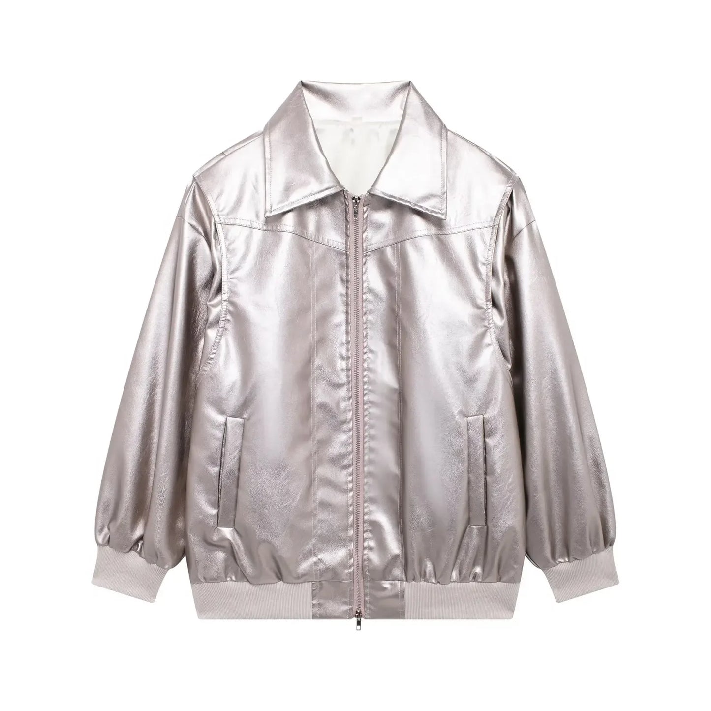 Women's new Fashion loose side pocket casual imitation leather jacket coat retro lapel long sleeved women's coat chic top