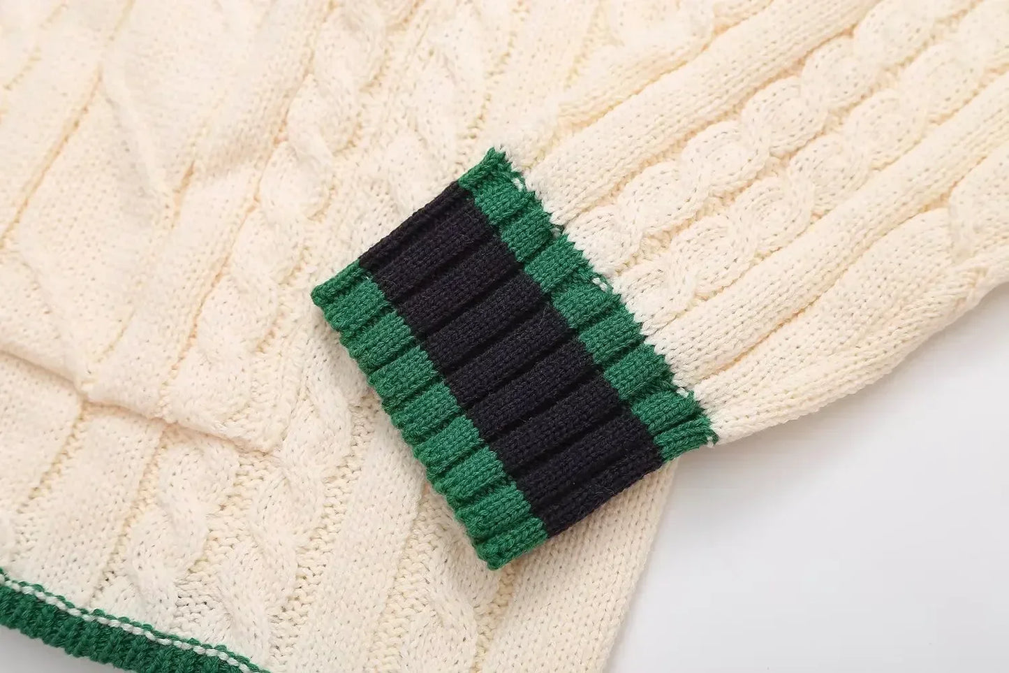 Women's new fashion loose single breasted V Neck contrasting striped knitted coat retro long sleeved pocket Female coat chic top