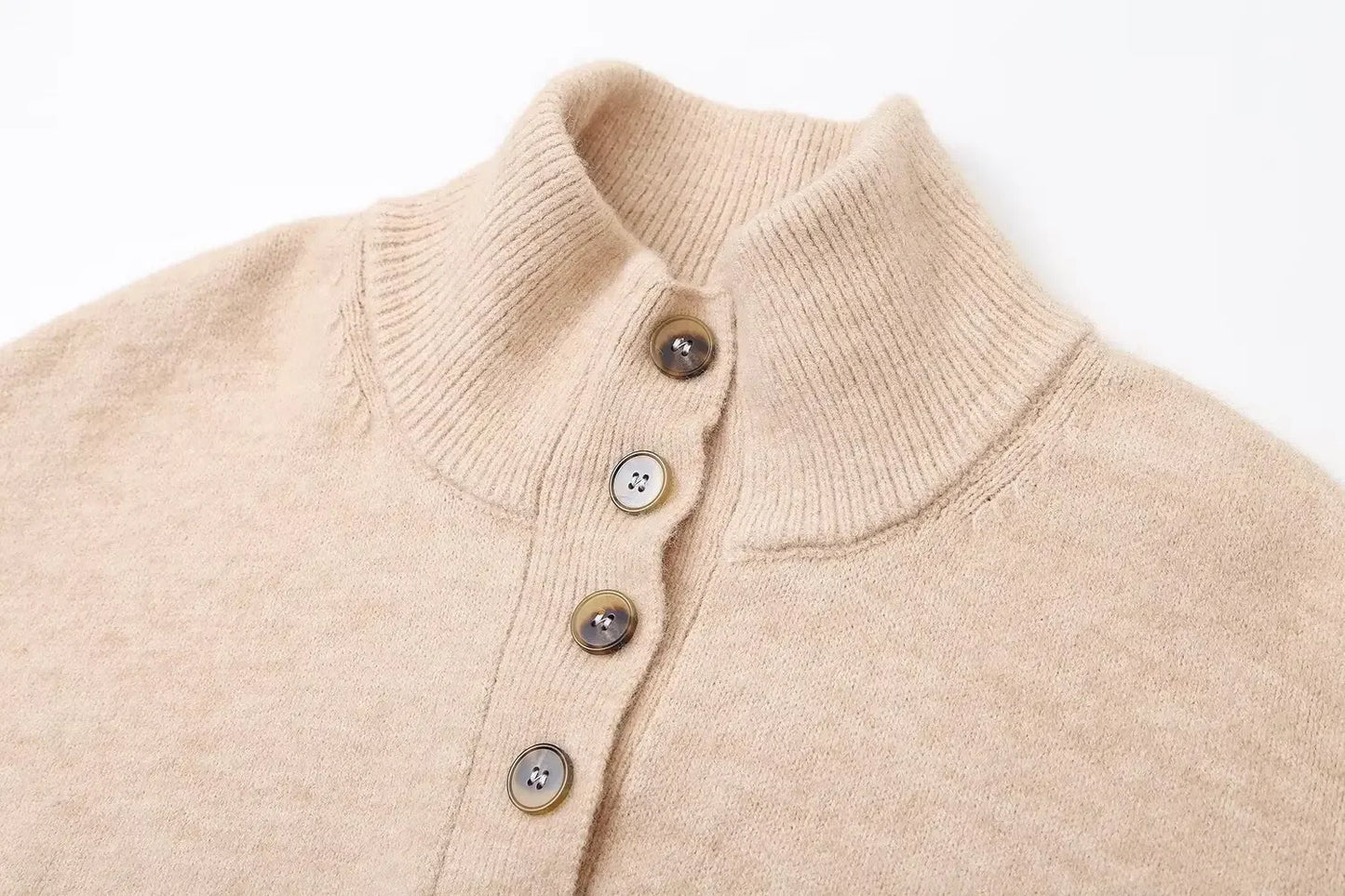 Women's new fashion button up decoration casual stand Neck striped knitted sweater retro long sleeved women's pullover chic top