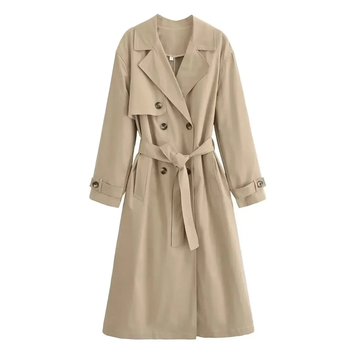 Women's new fashion with belt loose long style double breasted windbreaker coat retro long sleeved pocket women's coat chic top