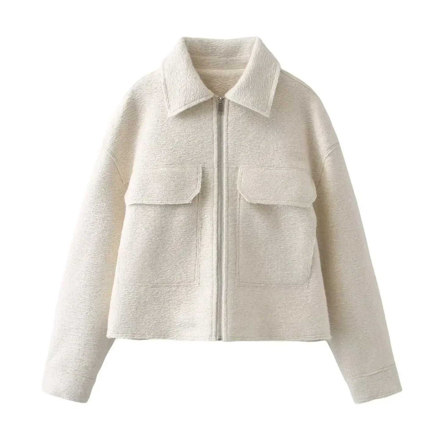 Women's new fashion flip pocket decoration casual short lapel Woolen jacket coat retro long sleeved zipper women's coat chic top