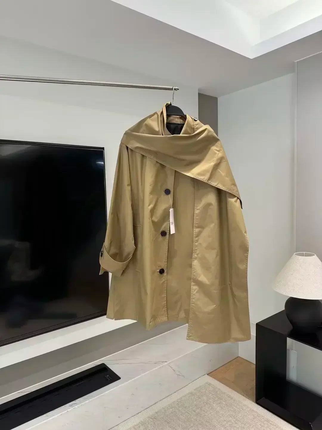 Women's new fashion scarf design loose single breasted cotton windbreaker coat retro long sleeved pocket women's coat