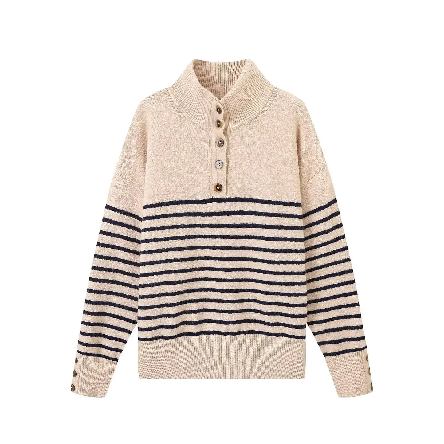 Women's new fashion button up decoration casual stand Neck striped knitted sweater retro long sleeved women's pullover chic top