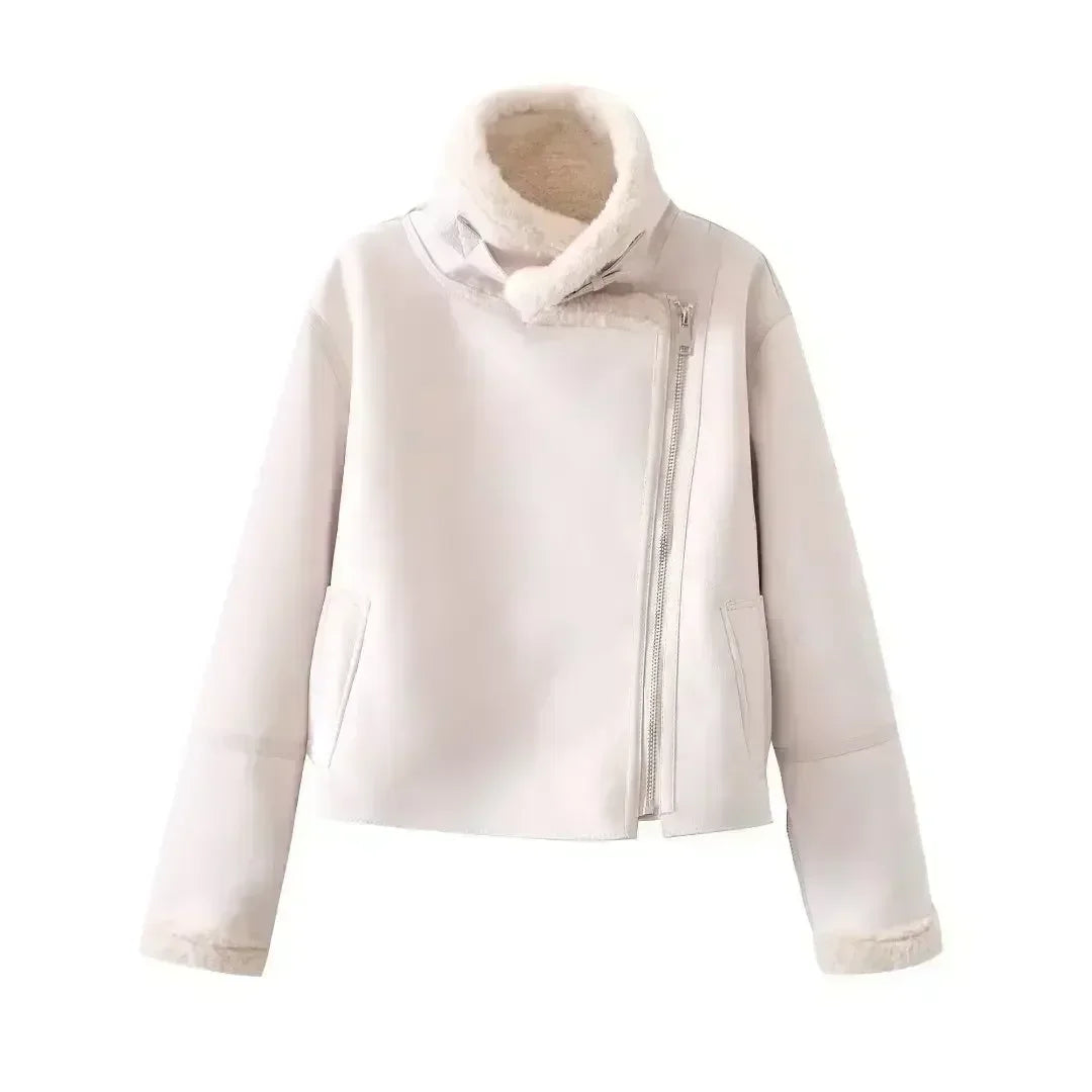 Women Winter Fashion Cropped Fur Faux Leather Warm Jacket Coat Vintage Long Sleeve Side Pockets Female Outerwear Chic Tops