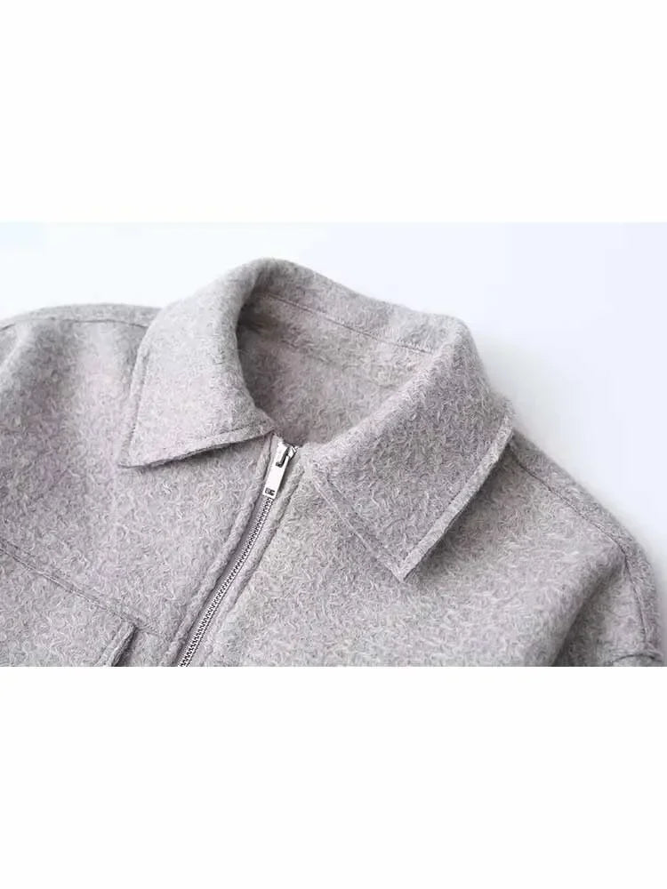 Women's new fashion flip pocket decoration casual short lapel Woolen jacket coat retro long sleeved zipper women's coat chic top