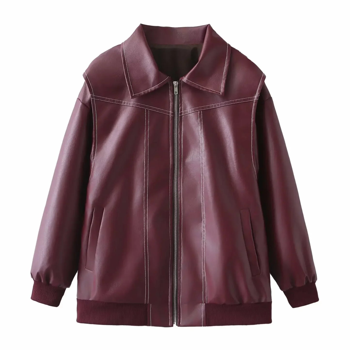 Women's new Fashion loose casual versatile retro imitation leather jacket coat long sleeved side pocket women's coat chic top