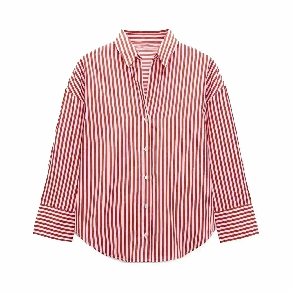 Women 2023 spring New Fashion Multicolor stripe Silk satin texture hang down Blouses Long Sleeve Button-up Female Shirts