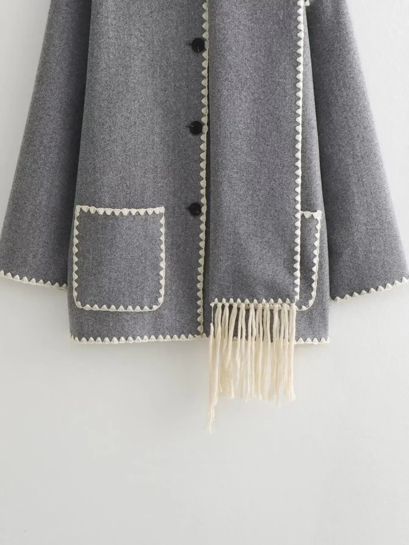 Women's new fashion scarf decoration loose single breasted patchwork woolen coat retro long sleeved pocket women's coat Chic top