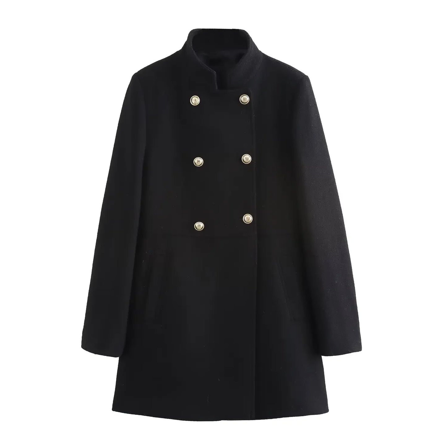 Women's new fashion gold double breasted decoration slim stand Neck woolen coat retro long sleeved pocket women's coat Chic top