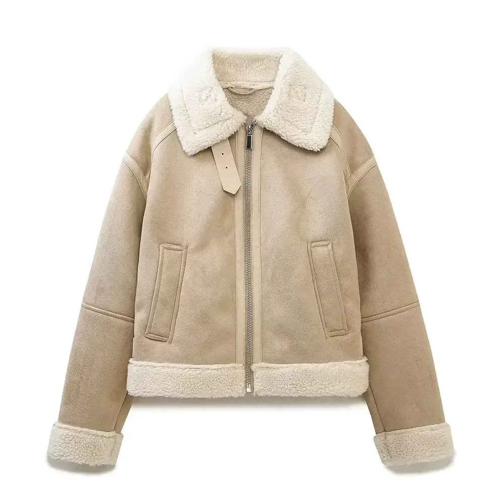Women's new Fashion belt decoration casual double-sided Fur Faux Leather jacket retro long sleeved zipper women's Coat chic top
