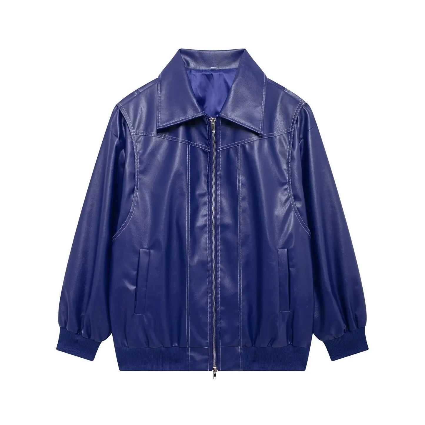 Women's new Fashion loose side pocket casual imitation leather jacket coat retro lapel long sleeved women's coat chic top