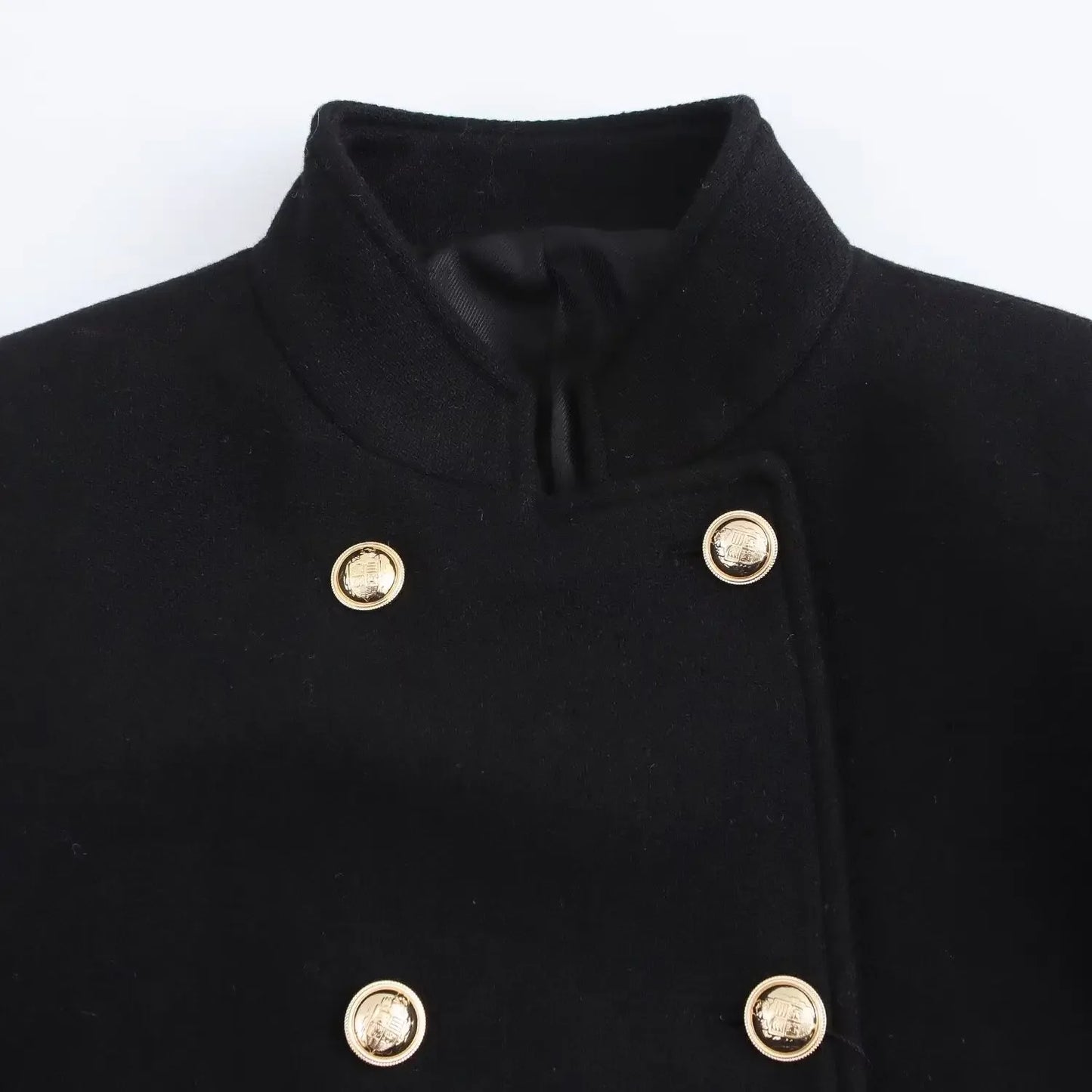 Women's new fashion gold double breasted decoration slim stand Neck woolen coat retro long sleeved pocket women's coat Chic top