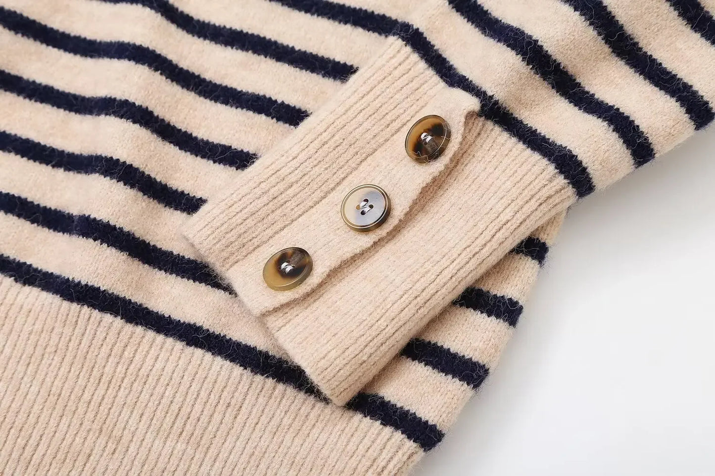 Women's new fashion button up decoration casual stand Neck striped knitted sweater retro long sleeved women's pullover chic top