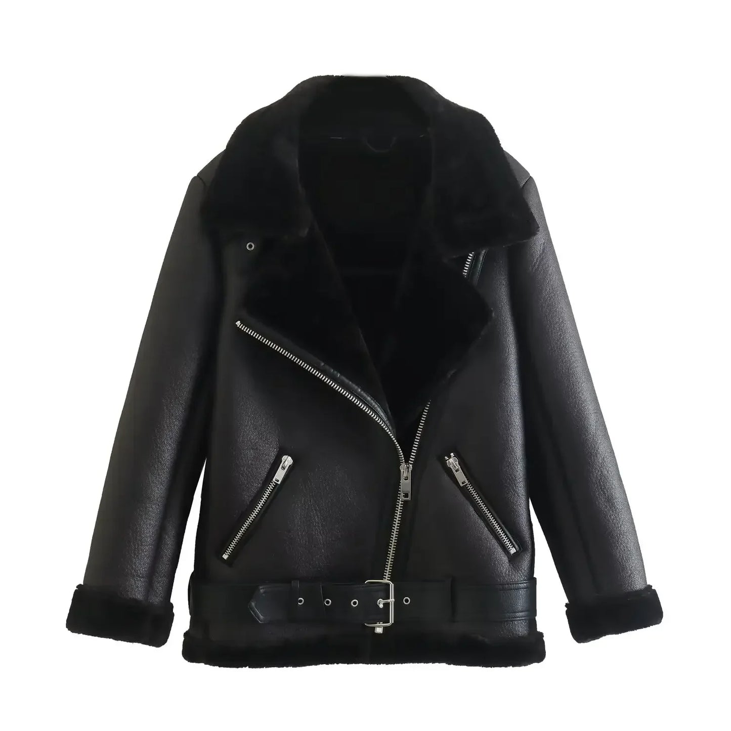 Women's new Fashion With Belt casual thick warm Fur Faux Leather jacket retro long sleeved zipper pocket women's Coat chic top