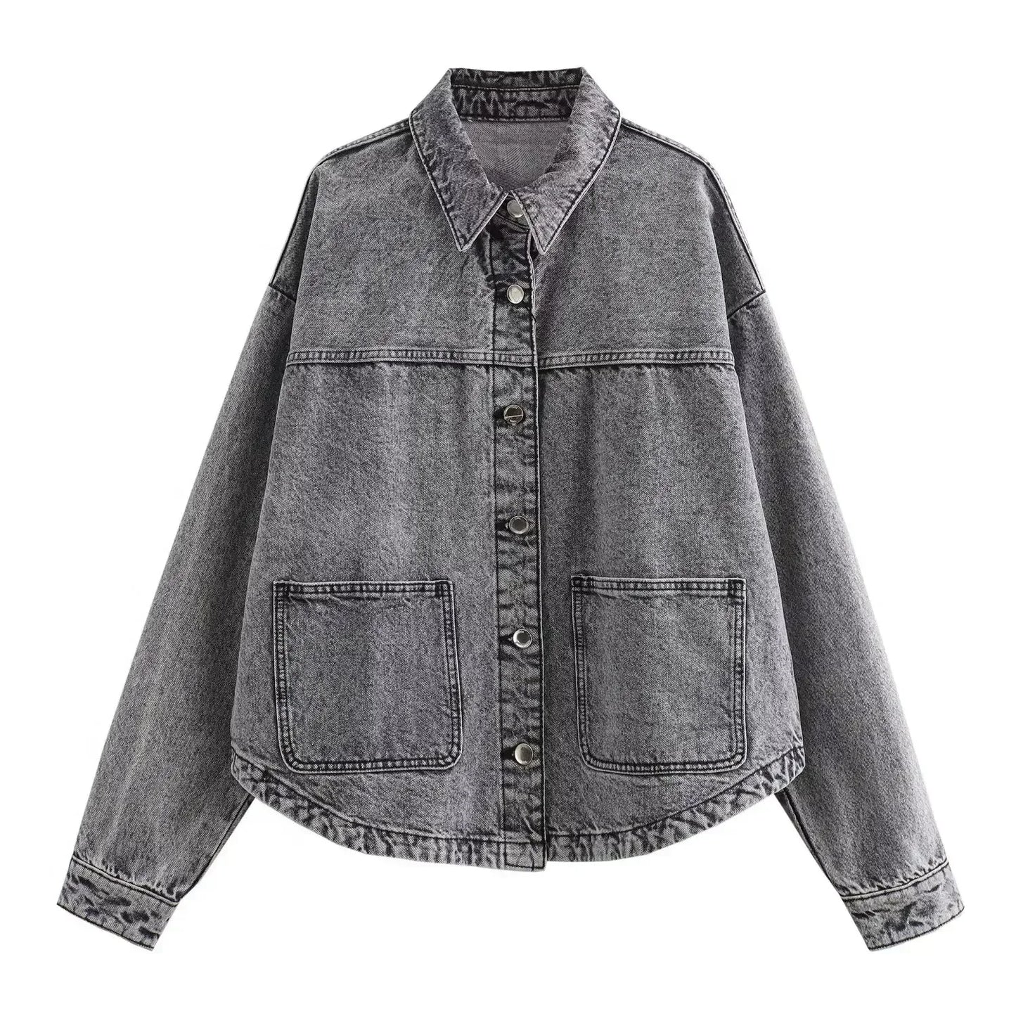 Women's new fashion large pocket decoration loose casual denim jacket coat retro long sleeved Button up women's coat chic