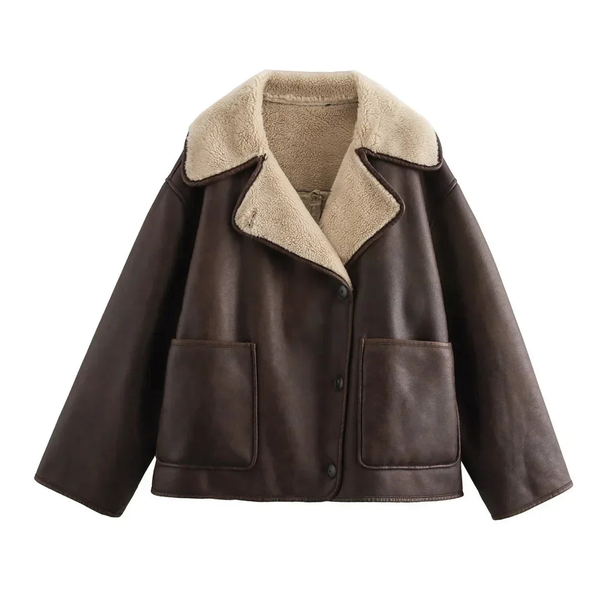 Women's new fashion pocket decoration loose warm Fur Faux Leather jacket Coat retro long sleeved button up women's Coat chic top