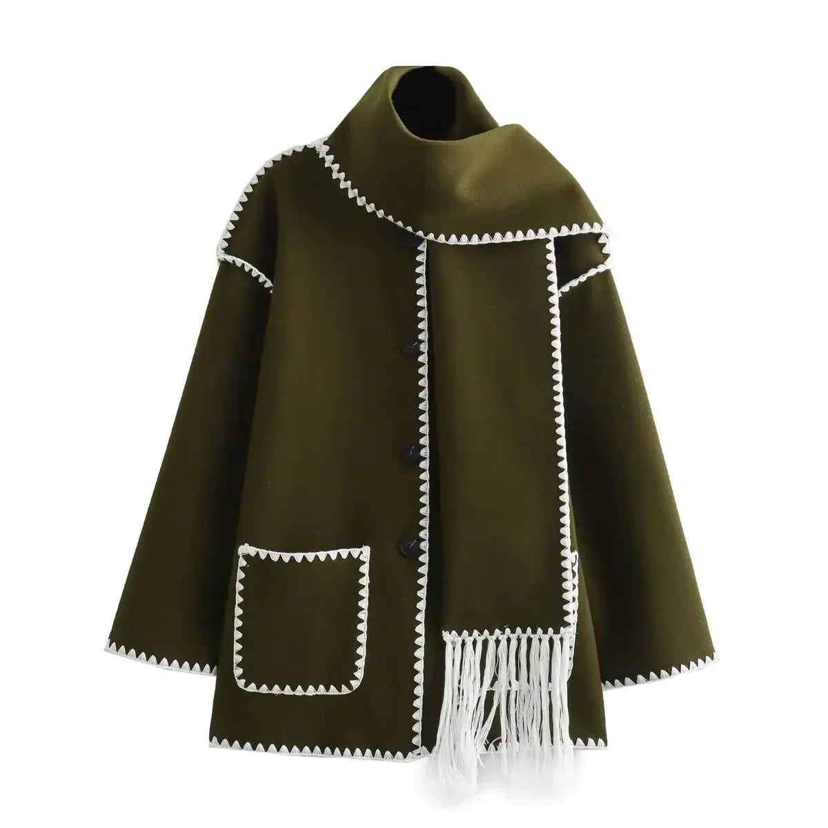 Women's new fashion scarf decoration loose single breasted patchwork woolen coat retro long sleeved pocket women's coat Chic top