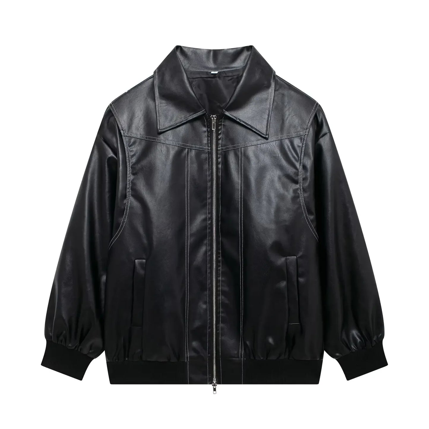 Women's new Fashion loose side pocket casual imitation leather jacket coat retro lapel long sleeved women's coat chic top