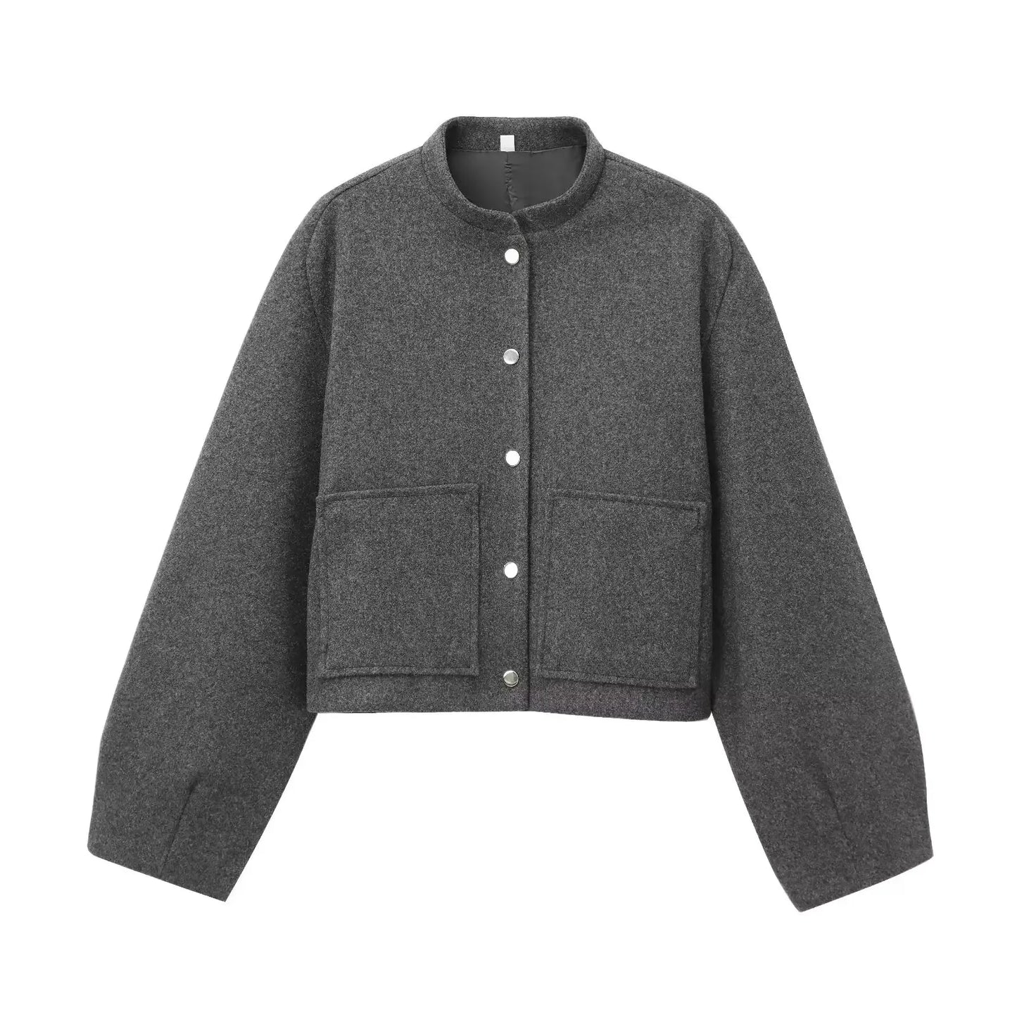 Women's new Fashion Pocket decoration short stand collar woolen jacket coat retro long sleeved button up women's coat chic top