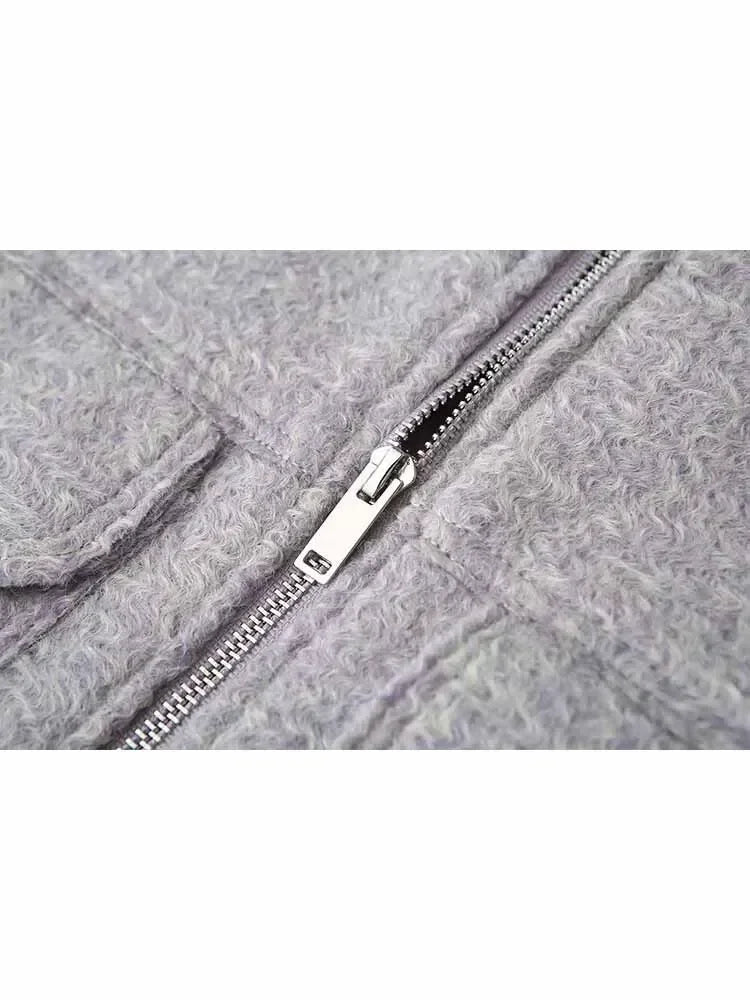 Women's new fashion flip pocket decoration casual short lapel Woolen jacket coat retro long sleeved zipper women's coat chic top