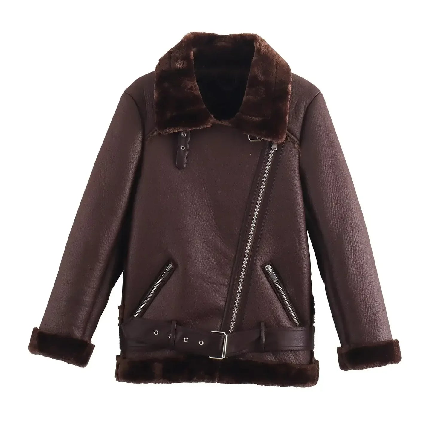 Women's new Fashion With Belt casual thick warm Fur Faux Leather jacket retro long sleeved zipper pocket women's Coat chic top