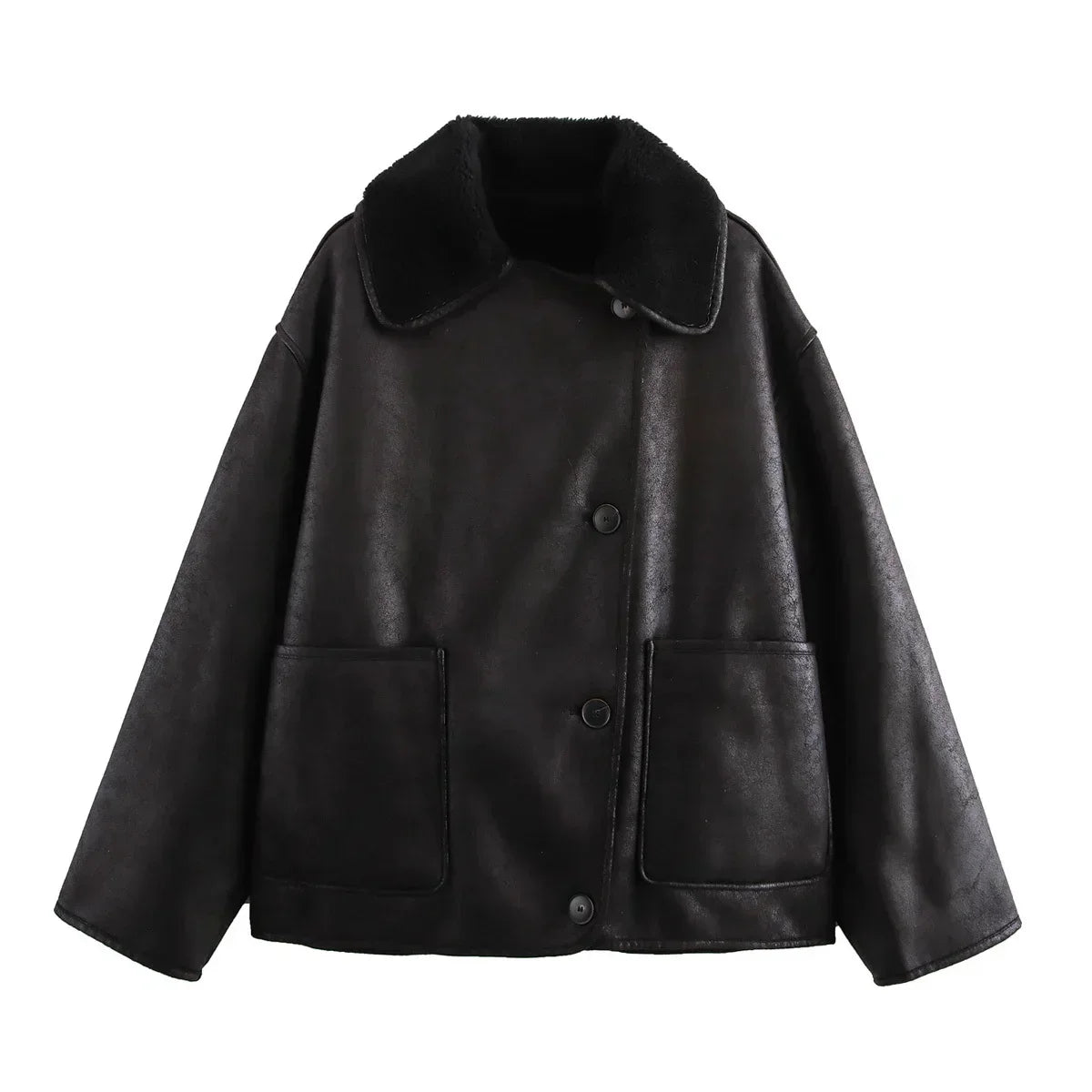Women's new fashion pocket decoration loose warm Fur Faux Leather jacket Coat retro long sleeved button up women's Coat chic top