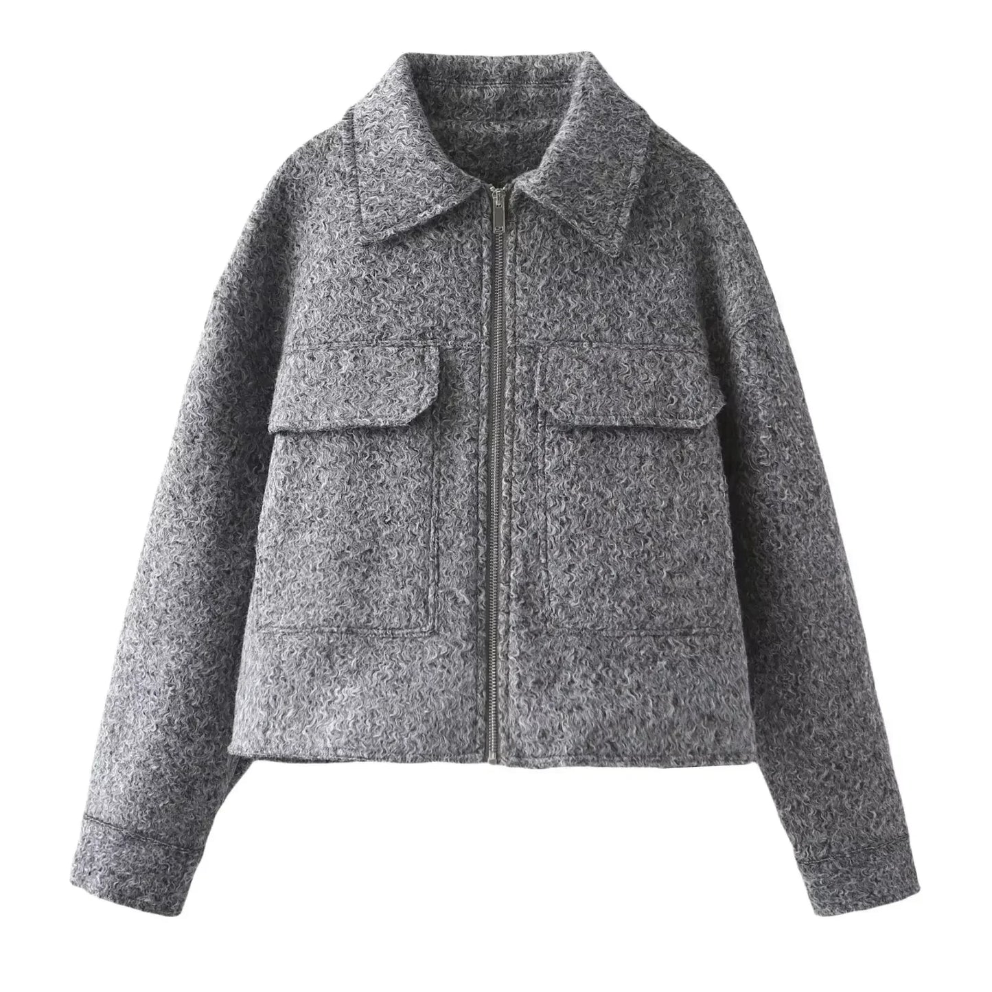 Women's new fashion flip pocket decoration casual short lapel Woolen jacket coat retro long sleeved zipper women's coat chic top