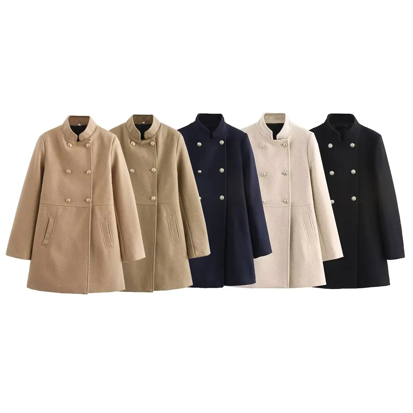 Women's new fashion gold double breasted decoration slim stand Neck woolen coat retro long sleeved pocket women's coat Chic top