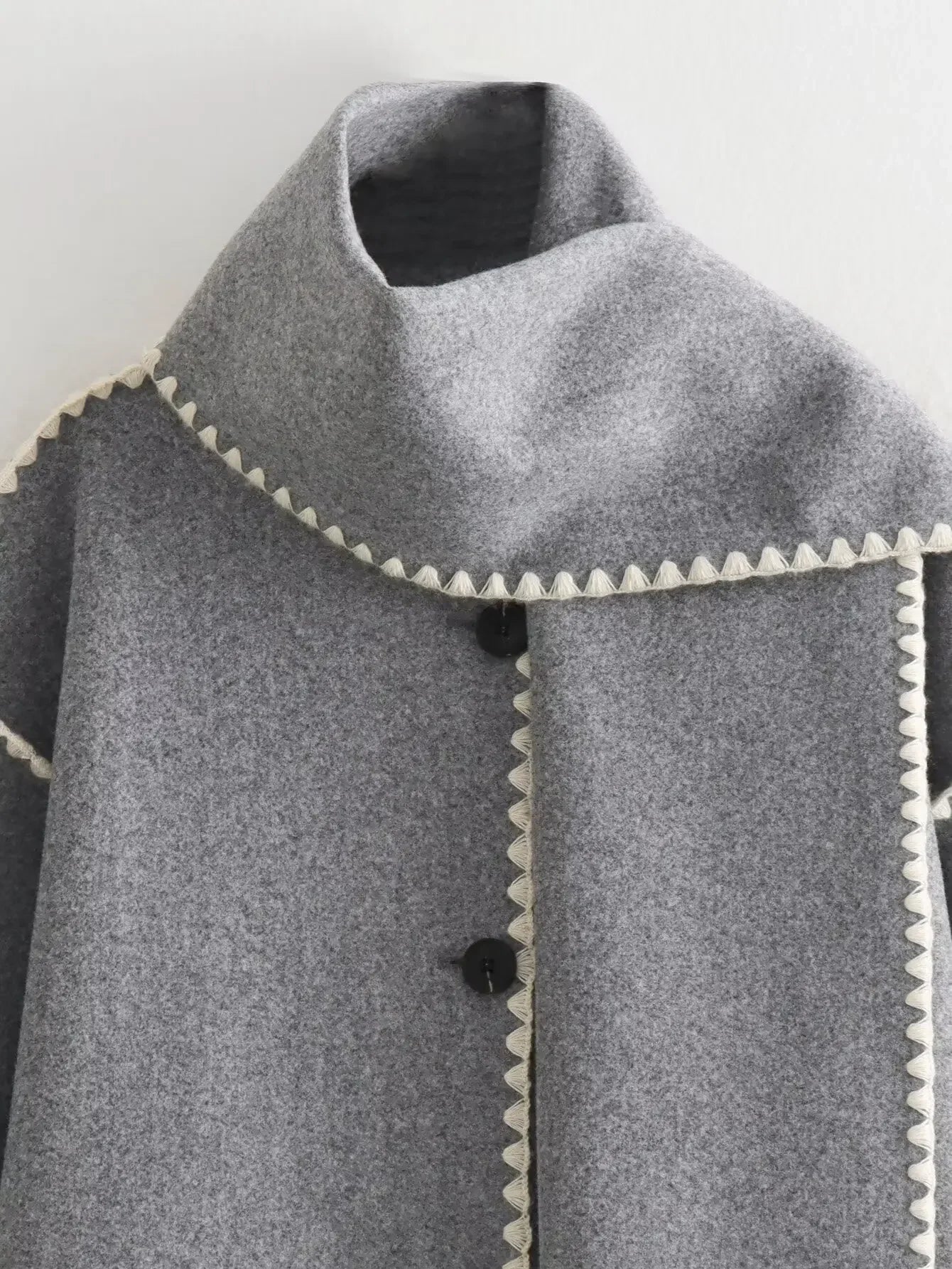 Women's new fashion scarf decoration loose single breasted patchwork woolen coat retro long sleeved pocket women's coat Chic top
