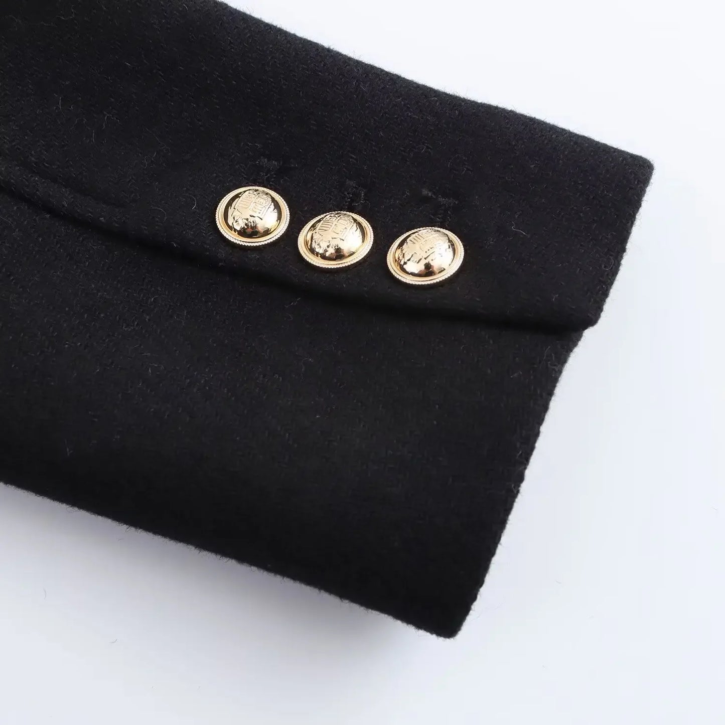 Women's new fashion gold double breasted decoration slim stand Neck woolen coat retro long sleeved pocket women's coat Chic top