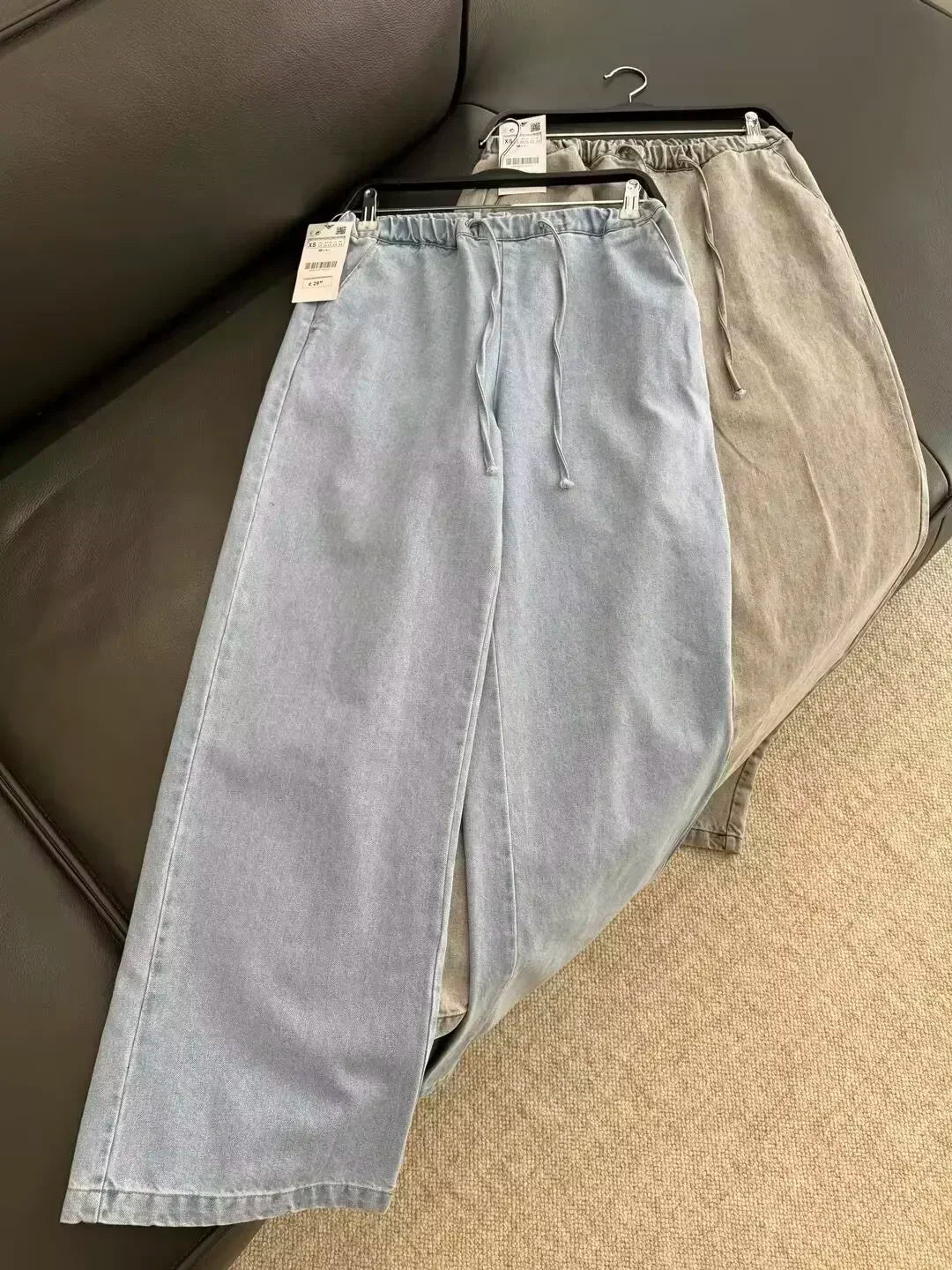 Women's 2024 New Fashion Side Pocket Decoration Loose Jogging Wide Leg Jeans Retro Elastic Waist Drawstring denim pants