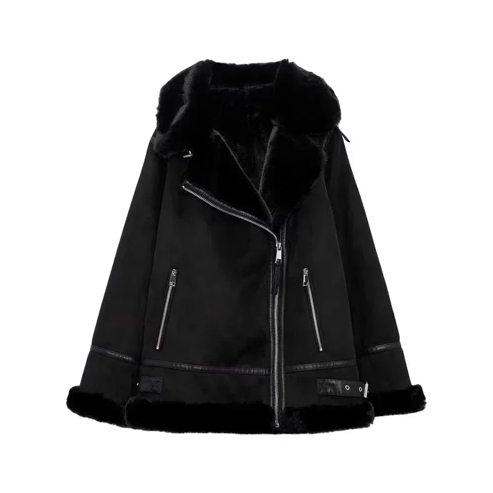 Women's 2023 Fashion Thick Winter Warm Loose Fur All-in-One Jacket Retro Long Sleeve Zipper Female Outerwear Chic Top Muje