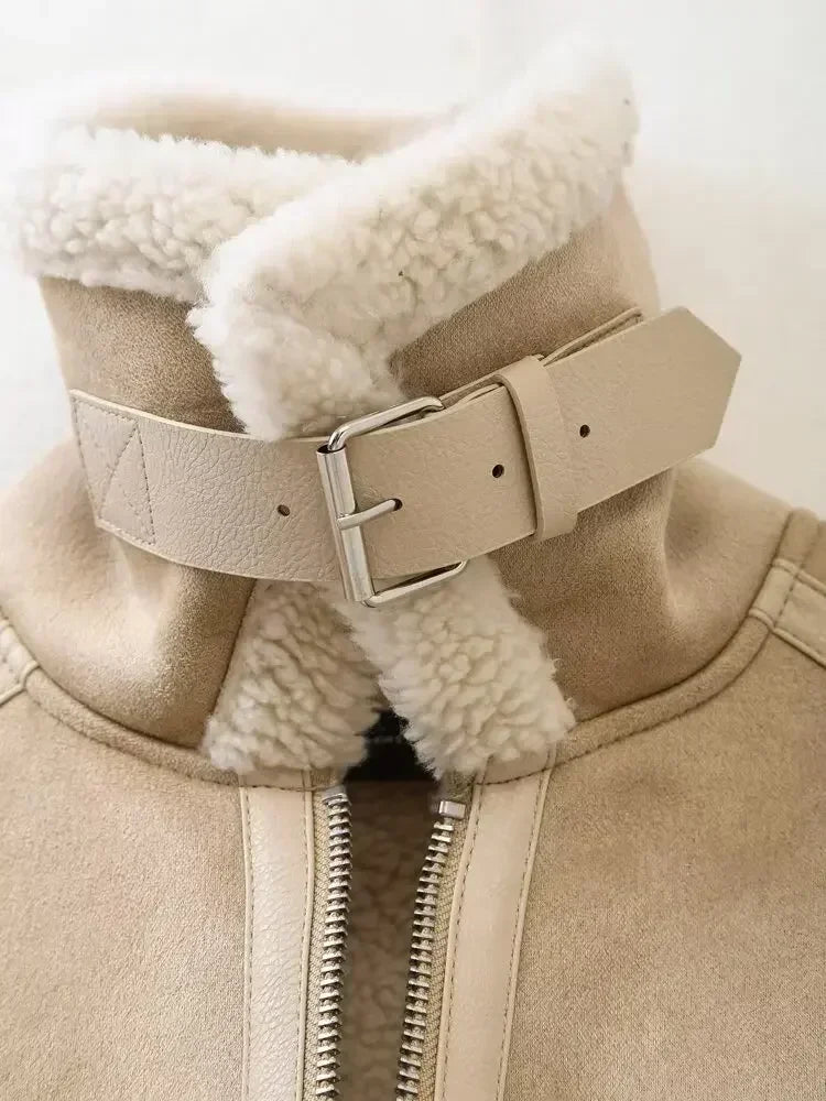 Women's new Fashion belt decoration casual double-sided Fur Faux Leather jacket retro long sleeved zipper women's Coat chic top