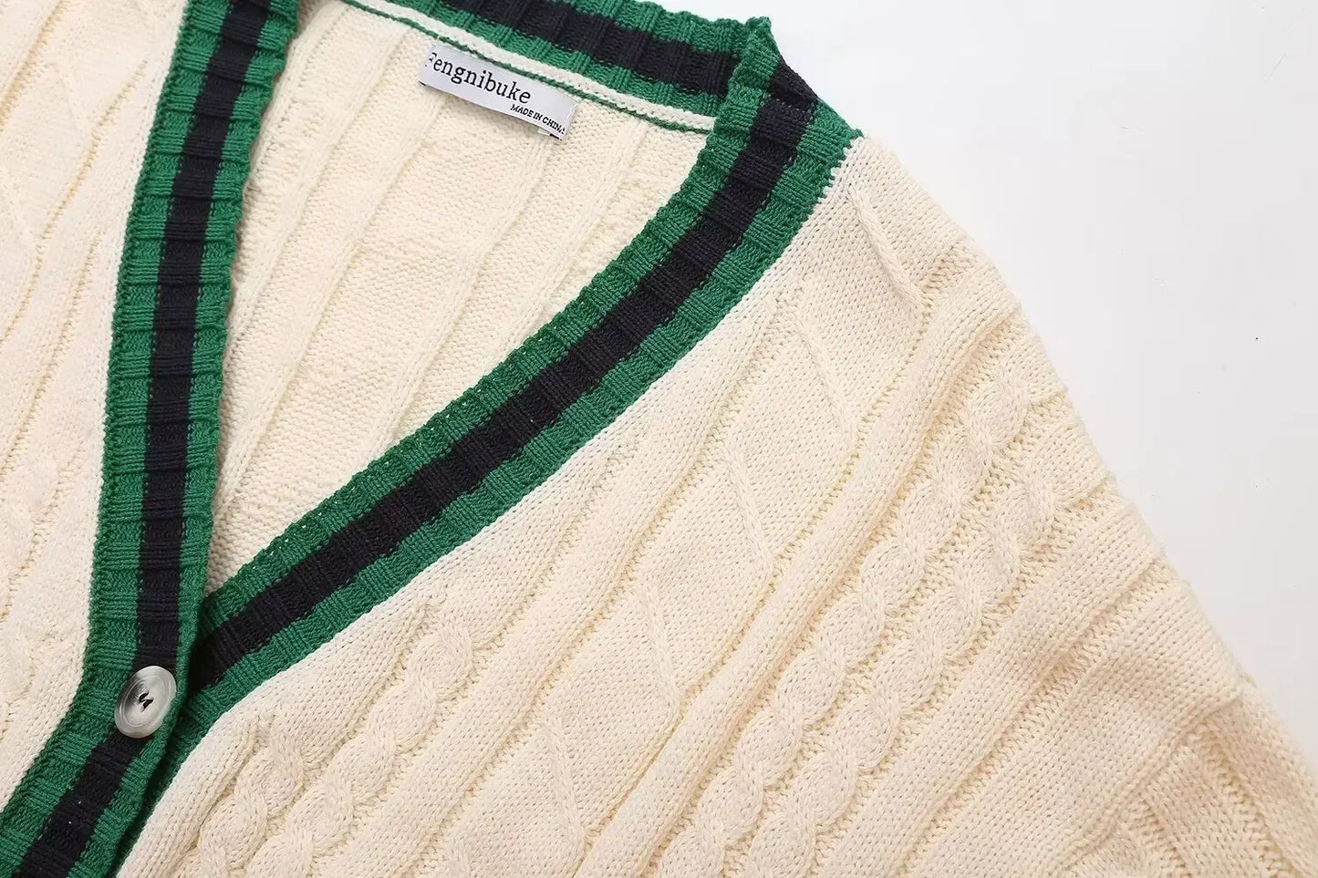 Women's new fashion loose single breasted V Neck contrasting striped knitted coat retro long sleeved pocket Female coat chic top