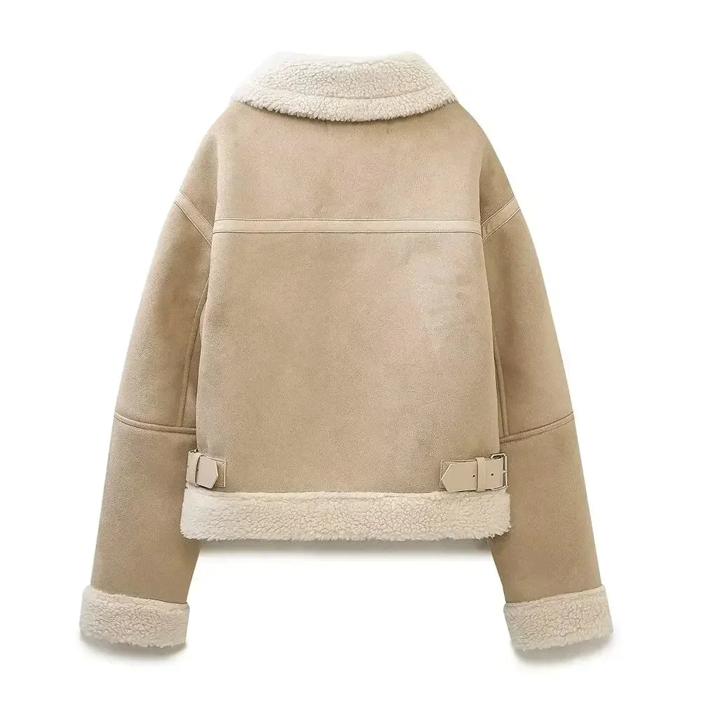 Women's new Fashion belt decoration casual double-sided Fur Faux Leather jacket retro long sleeved zipper women's Coat chic top
