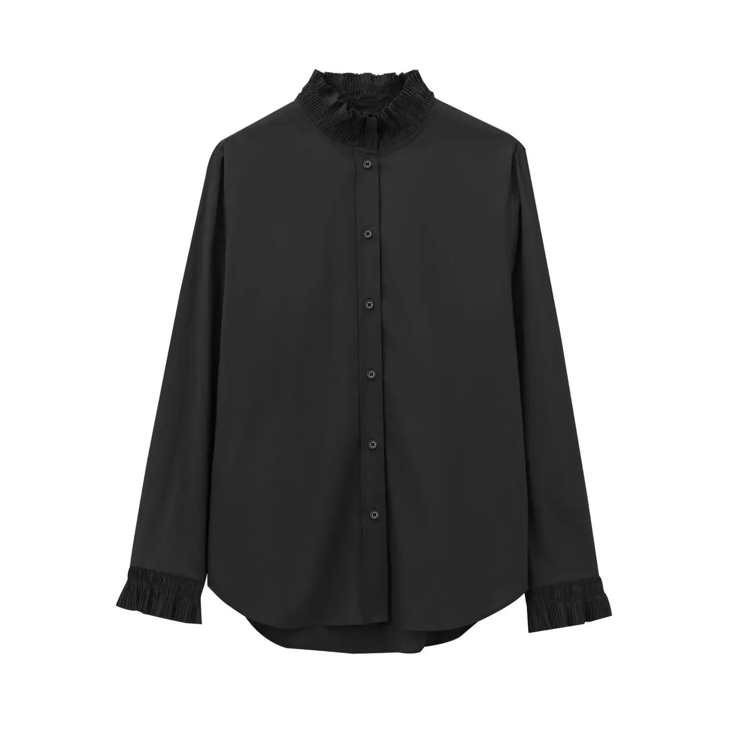 Women's new fashion pleated layered decoration casual single breasted solid shirt retro long sleeved women's shirt chic top