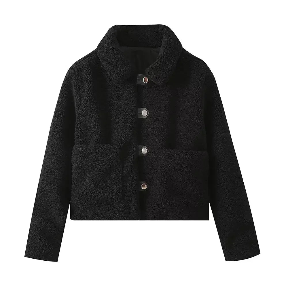 Women's 2024 New Fashion Casual Single breasted Warm Lapel Fleece Jacket Coat Retro Long Sleeve Pocket Women's Coat Unique Top