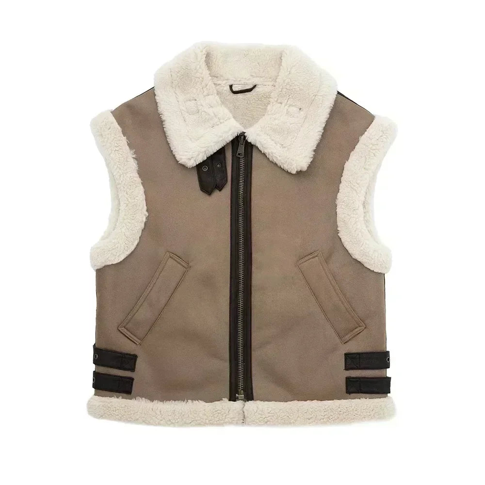 Women 2024 autumn New Fashion Fleece stitching vest Vintage Sleeveless Pockets Female Waistcoat Chic Tops
