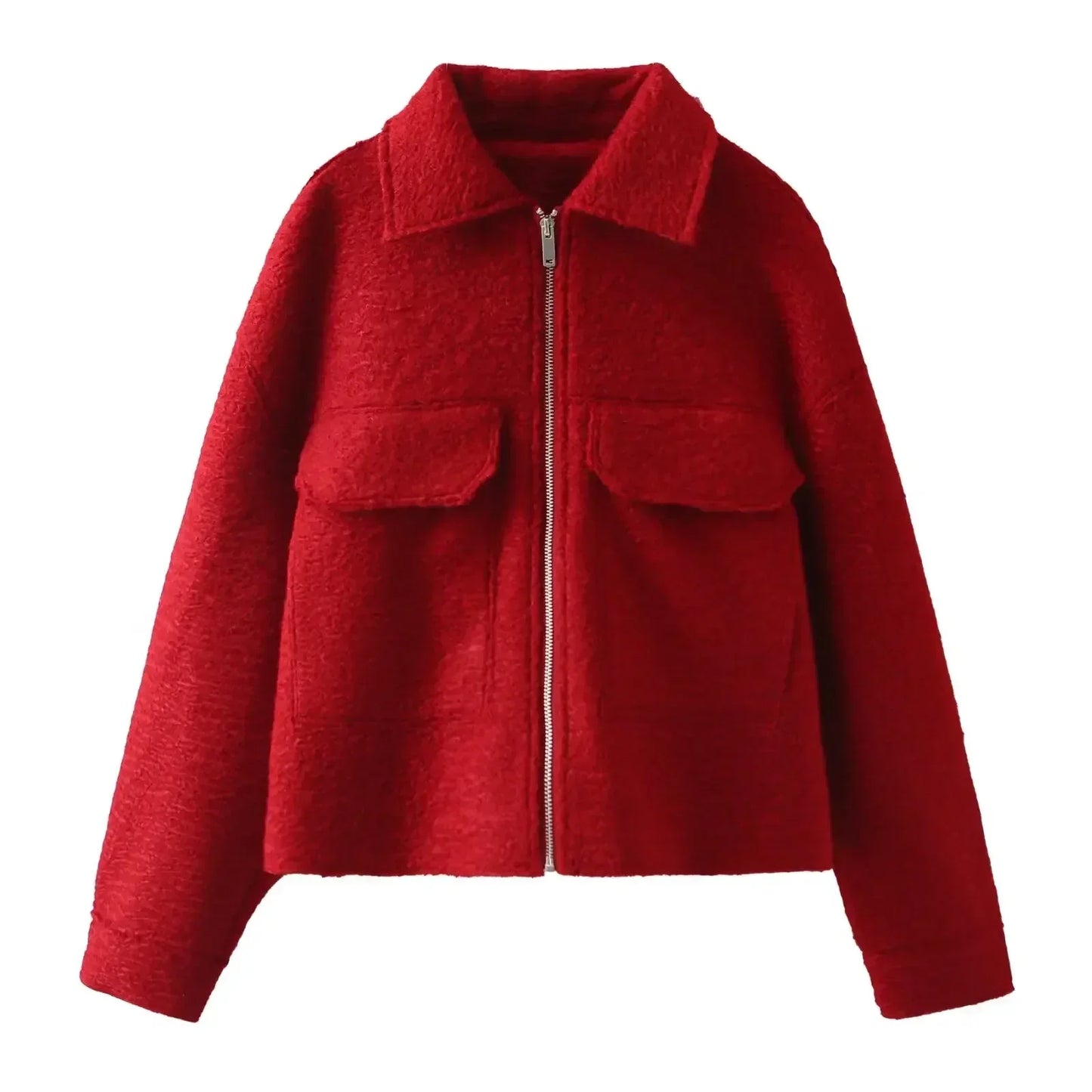 Women's new fashion flip pocket decoration casual short lapel Woolen jacket coat retro long sleeved zipper women's coat chic top