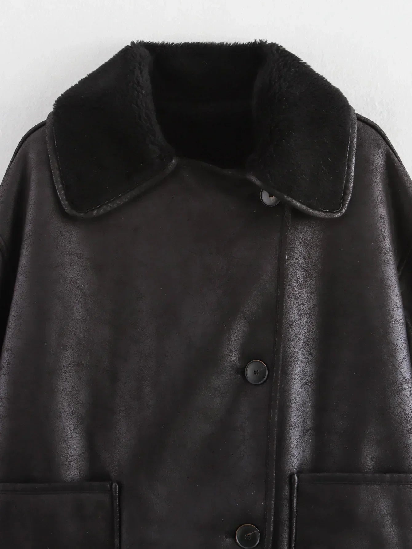 Women's new fashion pocket decoration loose warm Fur Faux Leather jacket Coat retro long sleeved button up women's Coat chic top