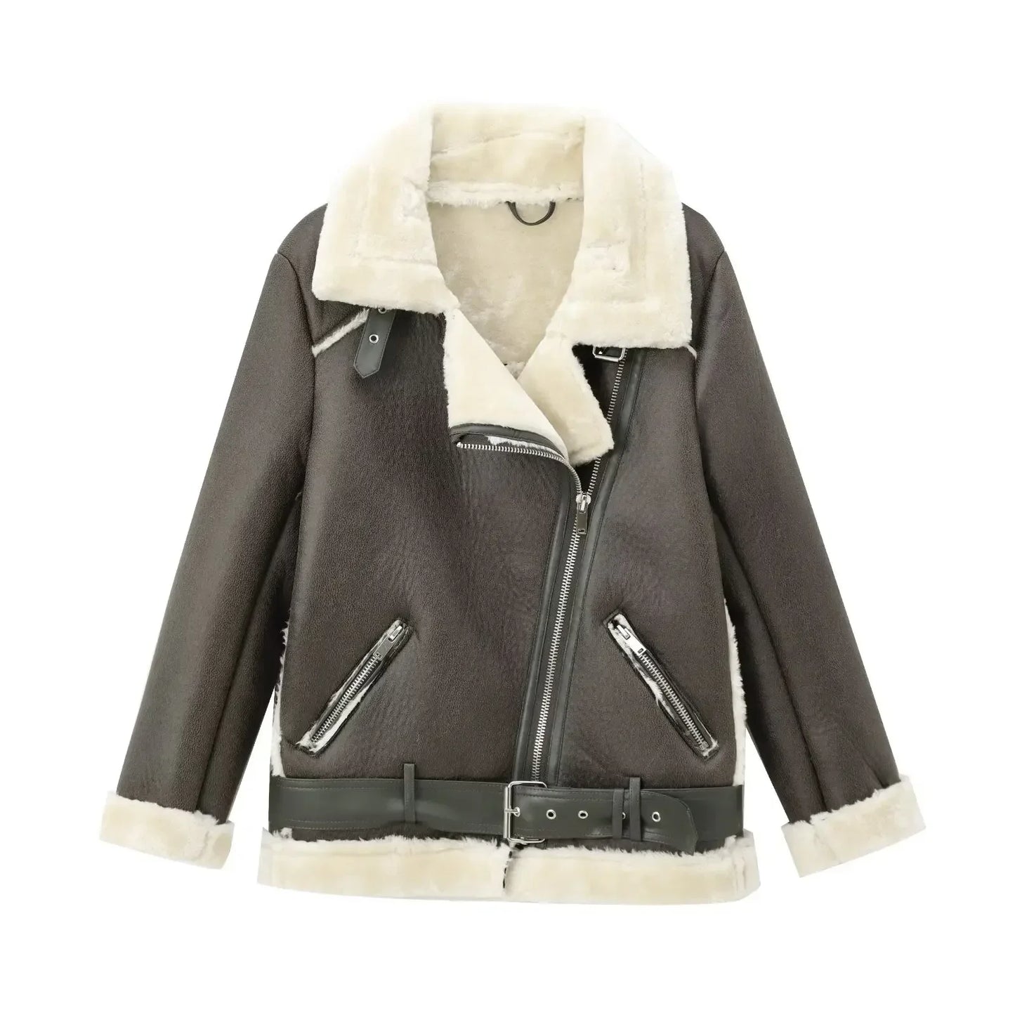 Women's new Fashion With Belt casual thick warm Fur Faux Leather jacket retro long sleeved zipper pocket women's Coat chic top