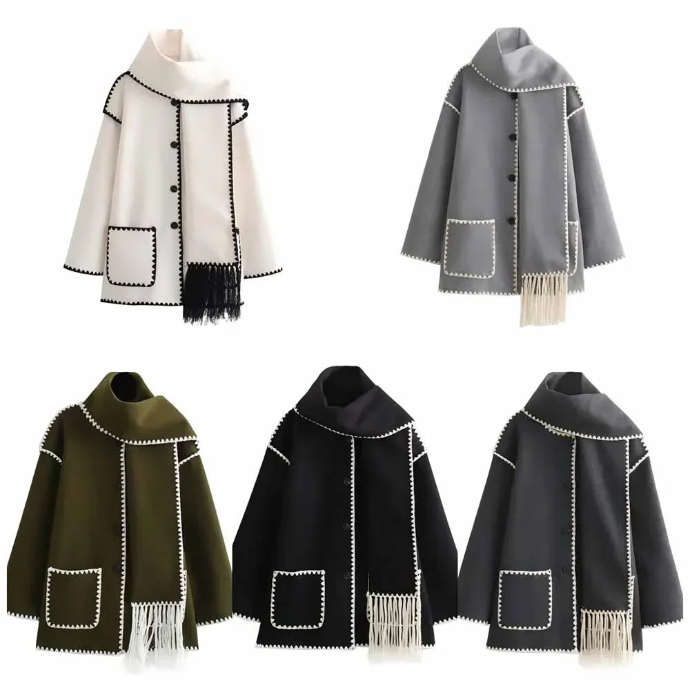 Women's new fashion scarf decoration loose single breasted patchwork woolen coat retro long sleeved pocket women's coat Chic top